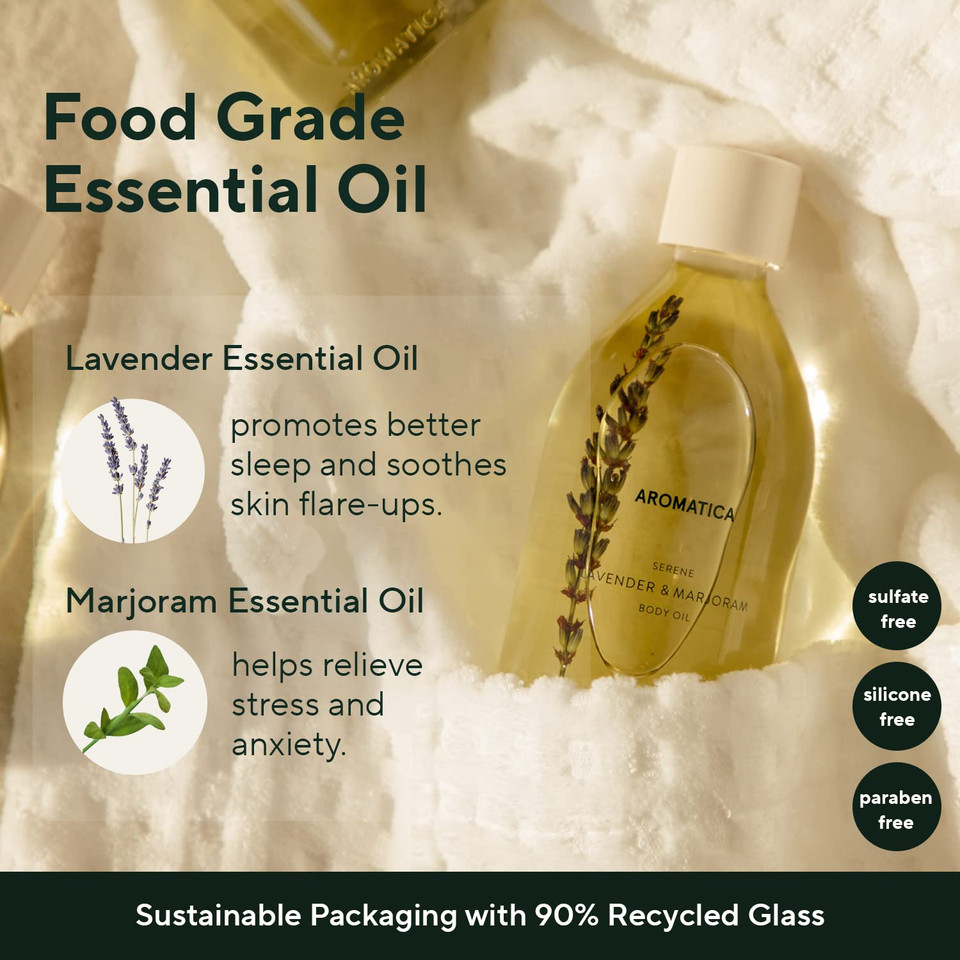 Aromatica Serene Body Oil Lavender & Marjoram Essential Oil, Aromatherapy Oils, Scented Body Oil, After Shower Natural Oil For Women, Non-Greasy Body Serum, Body Moisturizer For Dry Skin 3.38 Fl. Oz