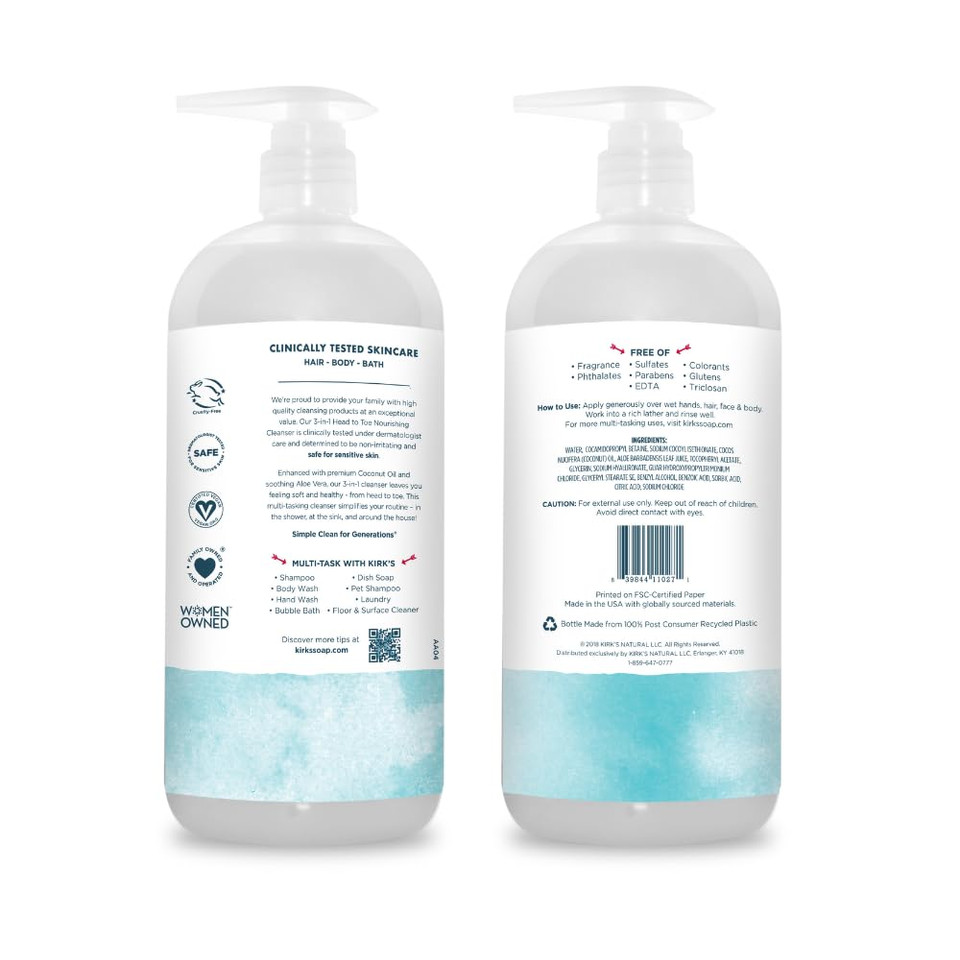 Kirk'S 3-In-1 Head To Toe Nourishing Liquid Cleanser- For Men, Women & Children - Premium Coconut Oil & Aloe Vera- Non Gmo & Vegan -Original Fresh Scent - 32 Fl Oz