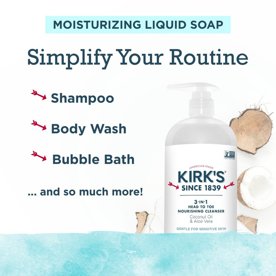 Kirk'S 3-In-1 Head To Toe Nourishing Liquid Cleanser- For Men, Women & Children - Premium Coconut Oil & Aloe Vera- Non Gmo & Vegan -Original Fresh Scent - 32 Fl Oz