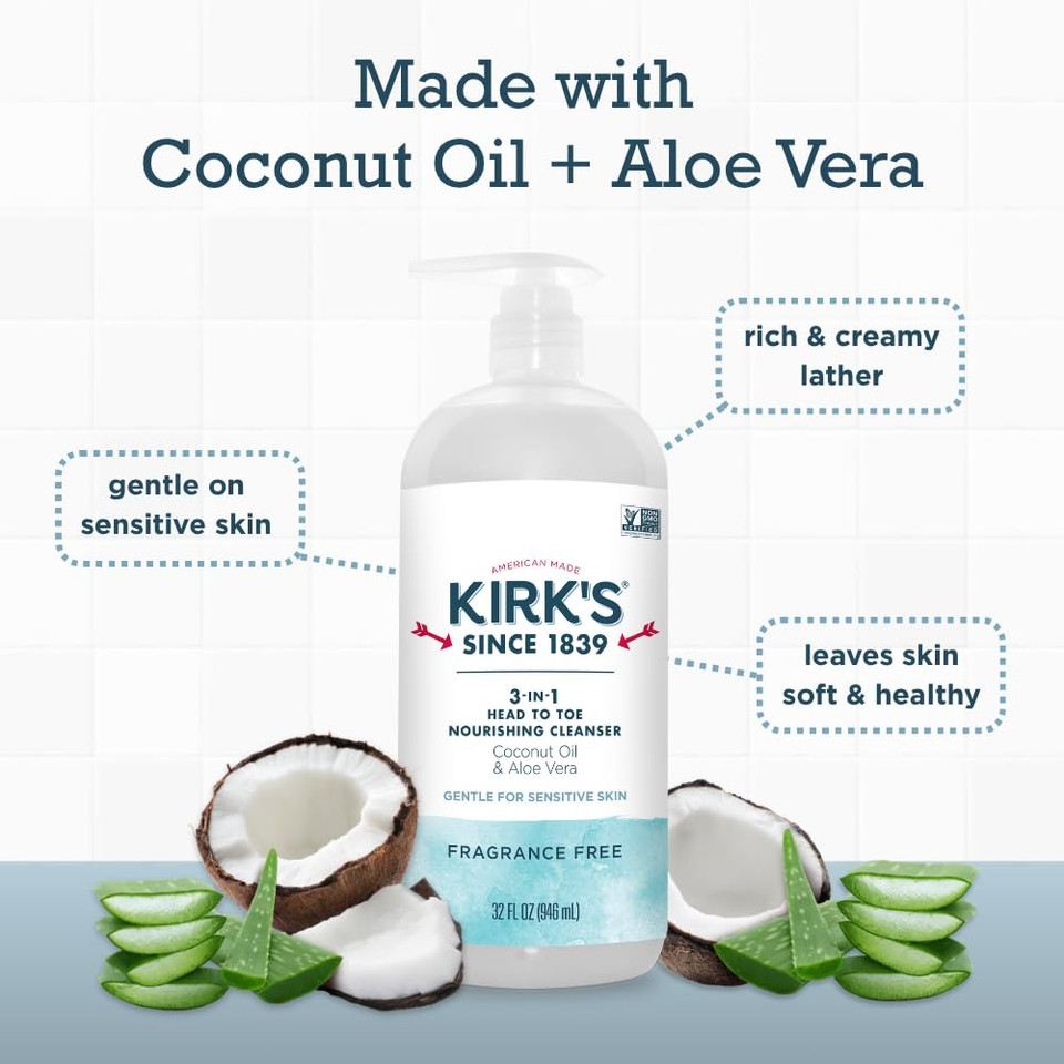 Kirk'S 3-In-1 Head To Toe Nourishing Liquid Cleanser- For Men, Women & Children - Premium Coconut Oil & Aloe Vera- Non Gmo & Vegan -Original Fresh Scent - 32 Fl Oz