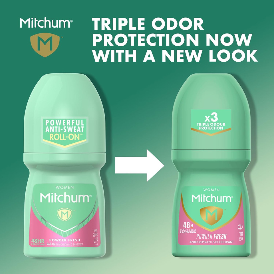 Mitchum WomenS Triple Odor Protection Antiperspirant & Deodorant Roll-On, Powder Fresh, 48Hr Protection, Vegan, 1.7 Oz