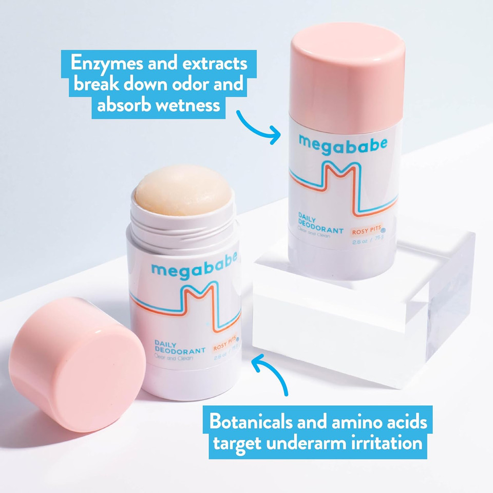 Megababe Daily Deodorant - Rosy Pits | 72 Hour Odor Protection | Aluminum-Free, Clear & Clean | 2.6 Oz