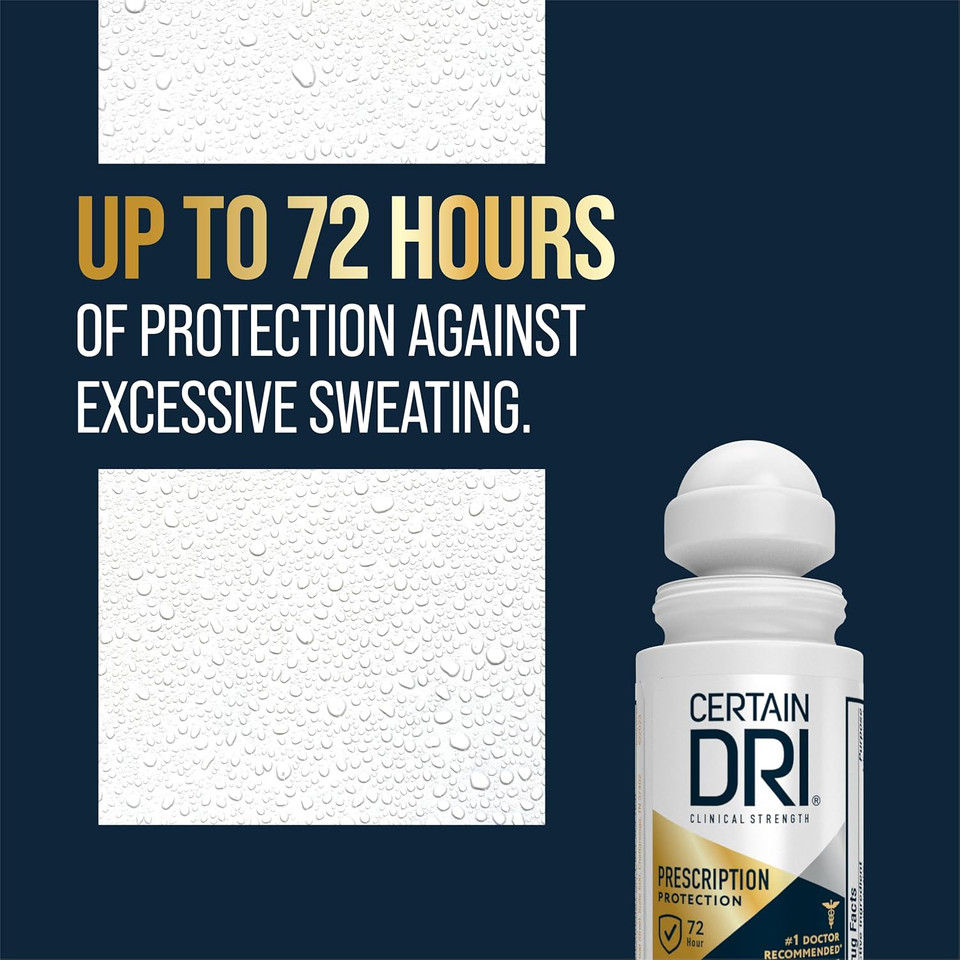 Certain Dri Prescription-Strength Clinical Antiperspirant Roll-On - 72-Hour Fragrance-Free Sweat Protection For Excessive Sweating & Hyperhidrosis - 15% Aluminum Chloride - Doctor-Recommended - 1.2Oz