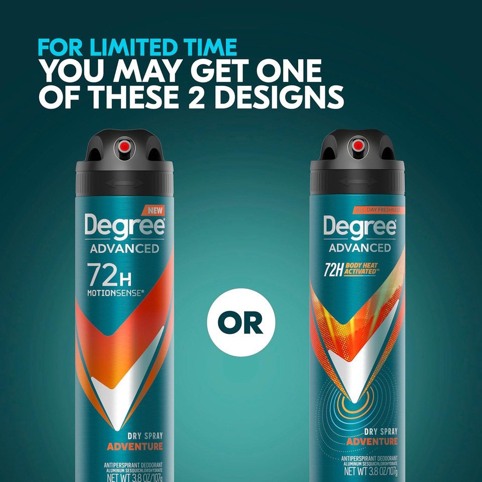 Degree Men Advanced Antiperspirant Deodorant Dry Spray 72-Hour Sweat And Odor Protection Adventure Deodorant For Men With Body Heat Activated Technology 3.8 Oz