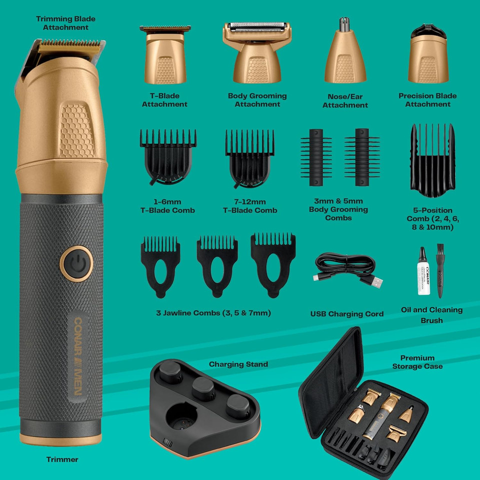 Conair Men All-In-One Trimmer For Men - Nose Hair, Beard, Mustache, Body Hair Trimmer - 19 Piece Men'S Grooming Kit For Manscaping- Showerproof - Rechargeable