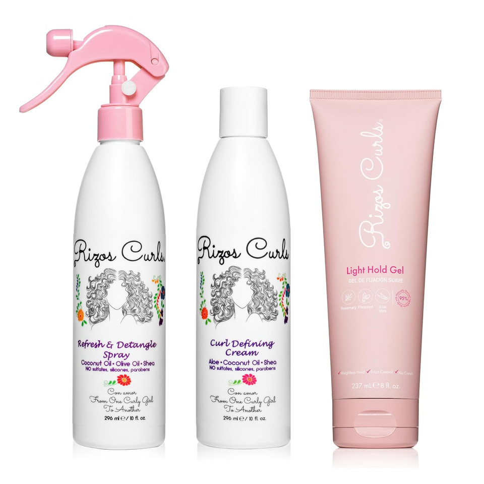 Rizos Curls Styling Starter Kit, Refresh And Detangle Spray & Curl Defining Cream & Light Hold Gel Bundle, Enhance & Define Curls, Add Volume & Hold, Frizz Control & Shine