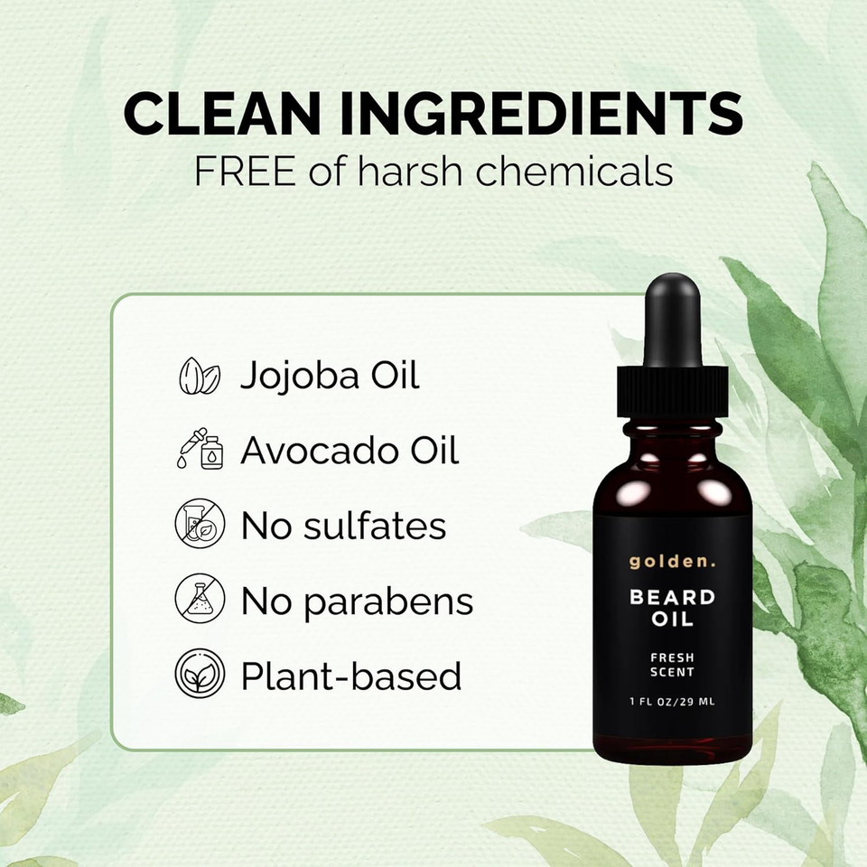 Golden Grooming Beard Oil For Men | Natural Growth Kit With Castor Oil, Jojoba Oil, And Olive Oil | Tames, Moisturizes & Styles | Warm Cedar Scent | 2Oz