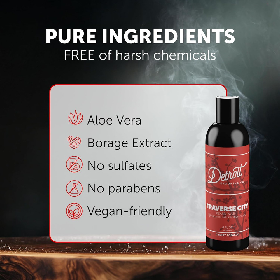 Detroit Grooming Co. Beard Wash - Men'S Deeply Cleansing Shampoo For Beards And Mustaches - Aloe Vera And Essential Oils For Refreshing - Cedarwood & Amber Scent - Black Edition - 8Oz