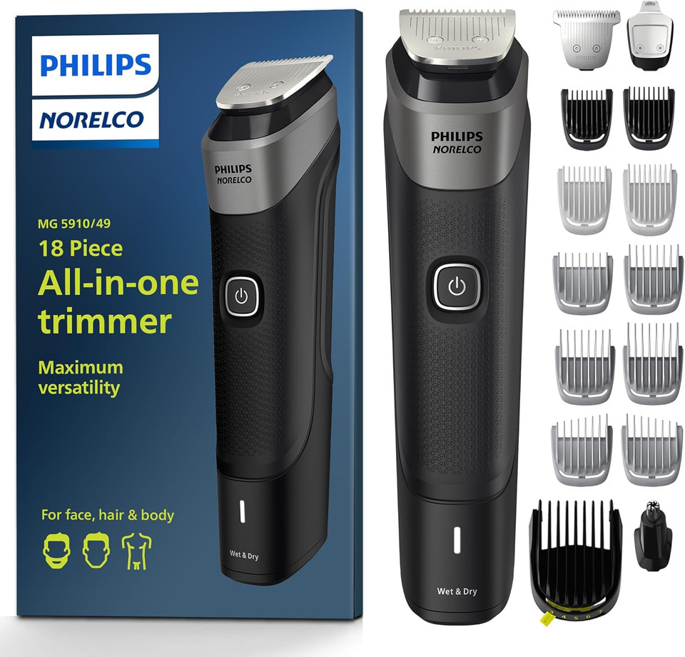 Philips Norelco Multigroom Series 5000 18 Piece, Beard Face, Hair, Body And Intimate Hair Trimmer For Men - No Blade Oil Mg5910/49 Philips Norelco Multigroom Series 5000 18 Piece, Beard Face, Hair, Body And Intimate Hair Trimmer For Men - No Blade Oil Mg5910/49