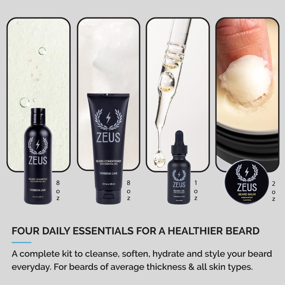 Zeus Everyday Beard Kit With Tin Gift Box  Beard Wash Shampoo & Conditioner, Natural Beard Oil, Beard Balm & Tin Box (Verbena Lime)