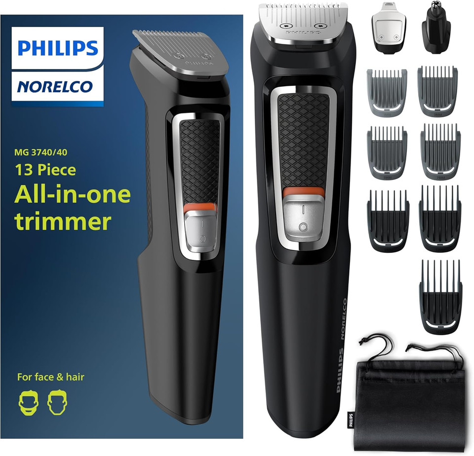 Norelco Philips Multigroomer All-In-One Trimmer Series 3000, 13 Piece Mens Grooming Kit, For Beard, Face, Nose, And Ear Hair Trimmer And Hair Clipper, No Blade Oil Needed, Mg3750/60