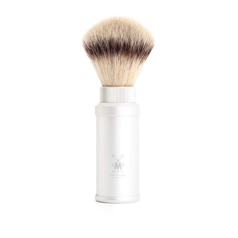 Mühle Travel Silver Aluminum Silvertip Fibre Shaving Brush - Portable Synthetic Luxury Shave Brush For Men, Rich Lather