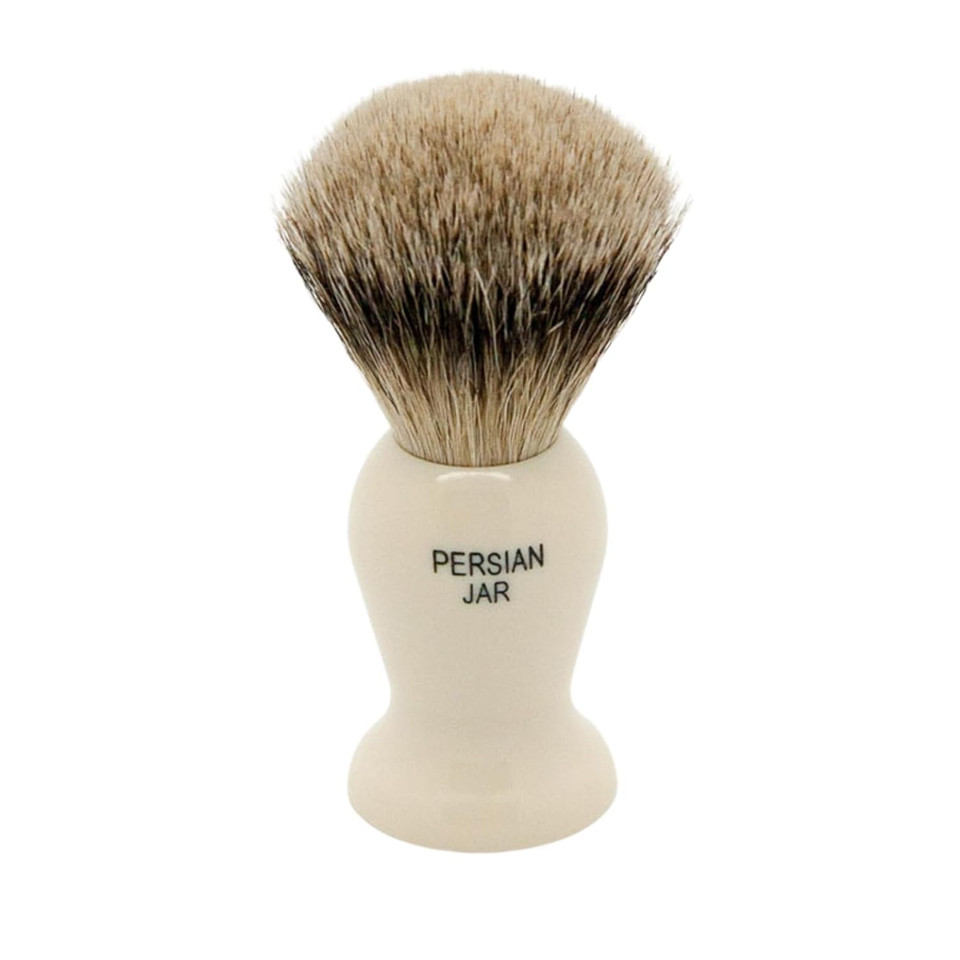 Simpsons Shaving Brush Persian Jar Pj2 Super Badger Silvertip - Faux Ivory Handle - Premium Wet Shave Rich Lather - Extra Dense & Soft - Luxury Shaving Brush For Smooth, Comfortable Grooming