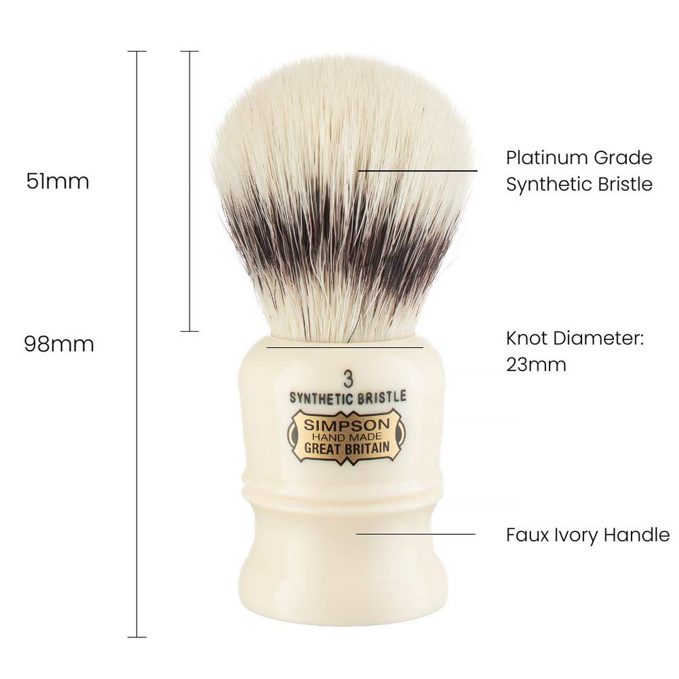 Simpsons Duke 3 - D3 Synthetic Platinum High Density Fibre Faux Handle Ivory Shaving Brush - Simpson Shaving Brushes - Wet Shave Deluxe Thick & Luxurious Lather Handle Dense & Extra Soft Bristles