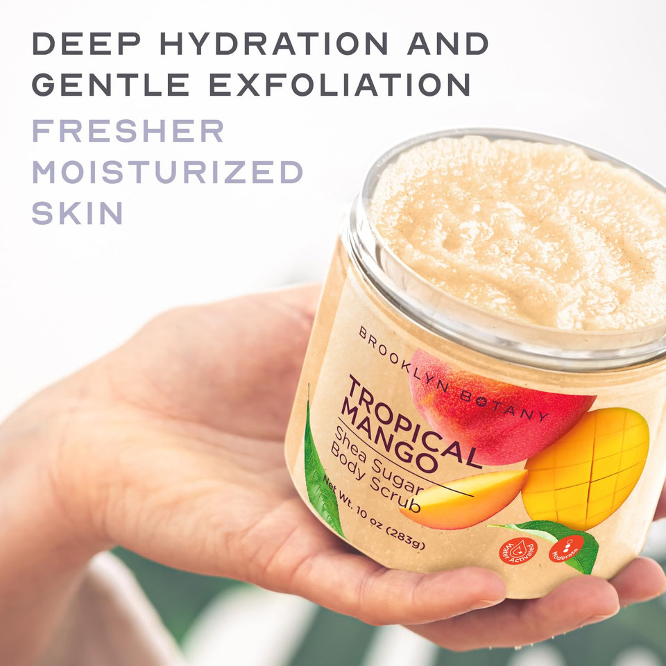Brooklyn Botany Tropical Mango Shea Sugar Scrub For Body 10 Oz  Deeply Hydrating And Gently Exfoliating Body Scrub For Women And Men - Made With Jojoba Beads