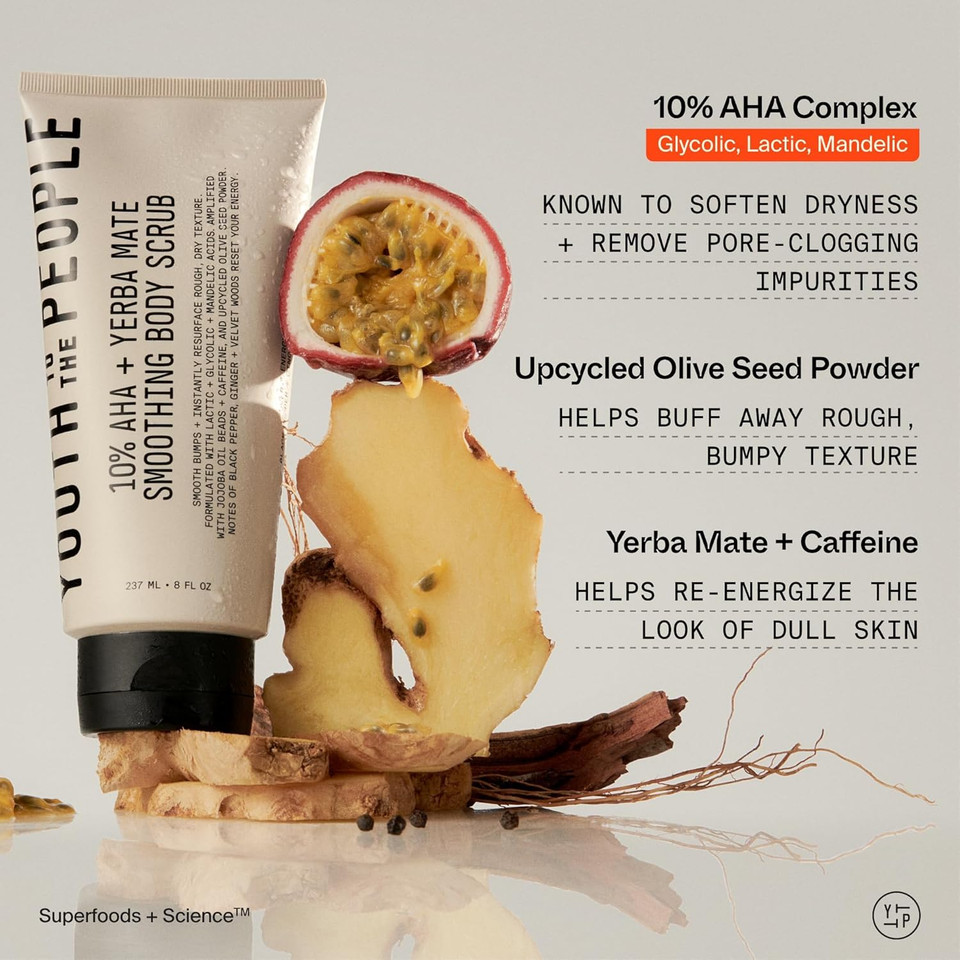 Youth To The People 10% Aha + Yerba Mate Smoothing Energy Body Scrub (8 Fl Oz), Exfoliates Rough Texture + Dry Skin, Suitable For Sensitive + Keratosis Pilaris Skin, Vegan Youth To The People 10% Aha + Yerba Mate Smoothing Energy Body Scrub (8 Fl Oz), Exfoliates Rough Texture + Dry Skin, Suitable For Sensitive + Keratosis Pilaris Skin, Vegan