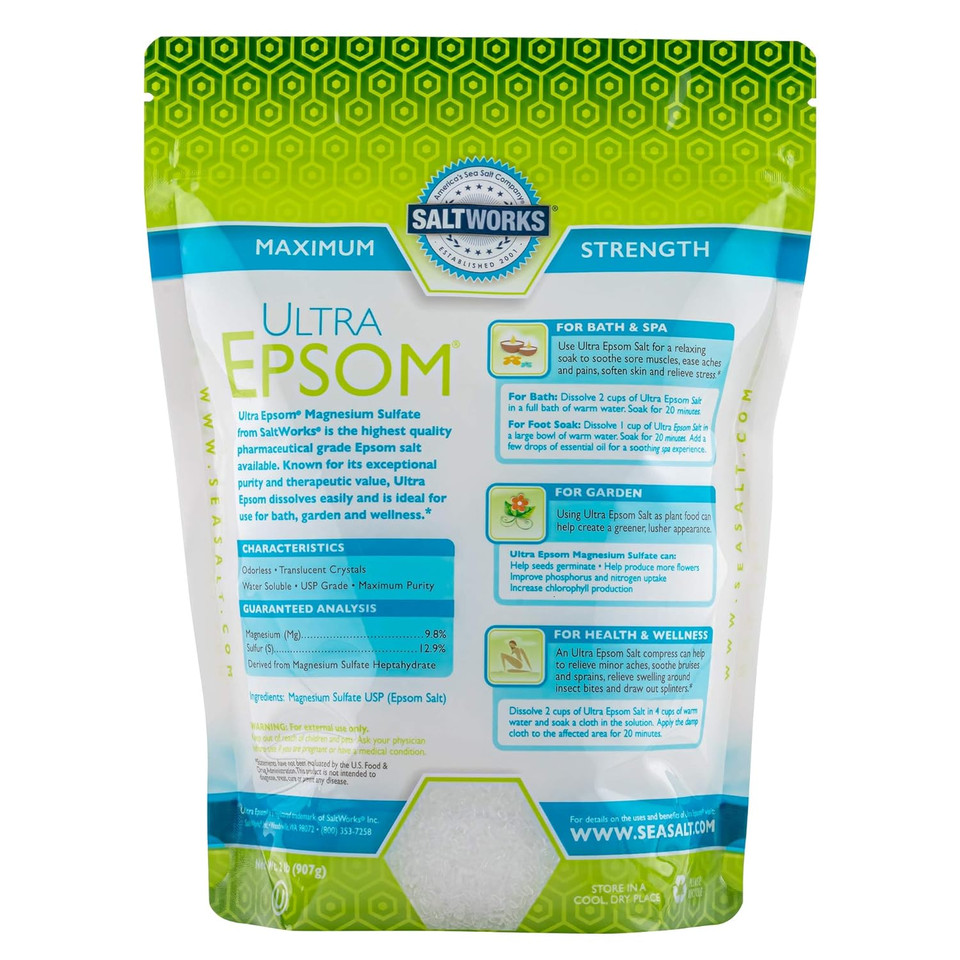 Saltworks Ultra Epsom Premium Bath Salt, Medium Grain, 2 Pound Bag
