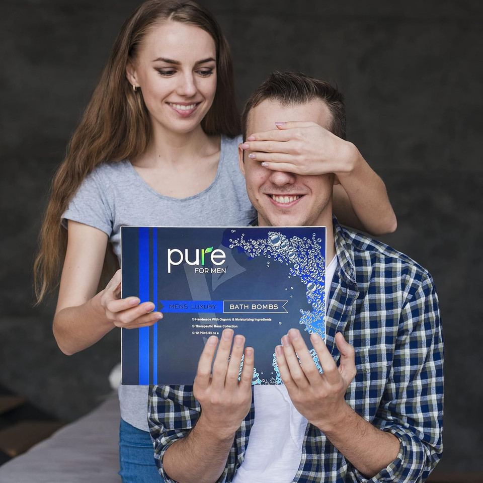 Pure Bath Bomb Gift Set For Men, 12 Xl Organic Bath Bombs For Men Relaxing Bath Spa Gift Idea For Dad, Husband, Boyfriend, For Special Occasions, Birthdays, Holidays!