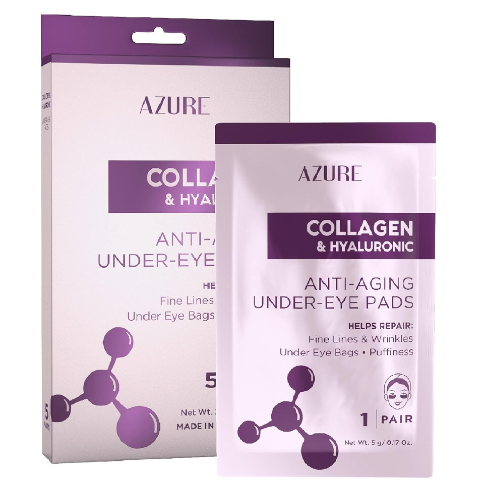 Azure Cosmetics Collagen & Hyaluronic Acid Anti Aging Under Eye Pads - Lifting & Moisturizing Eye Mask Patches - Reduces Fine Lines, Wrinkles, Dark Circles & Puffiness - Made In Korea - 5 Pairs