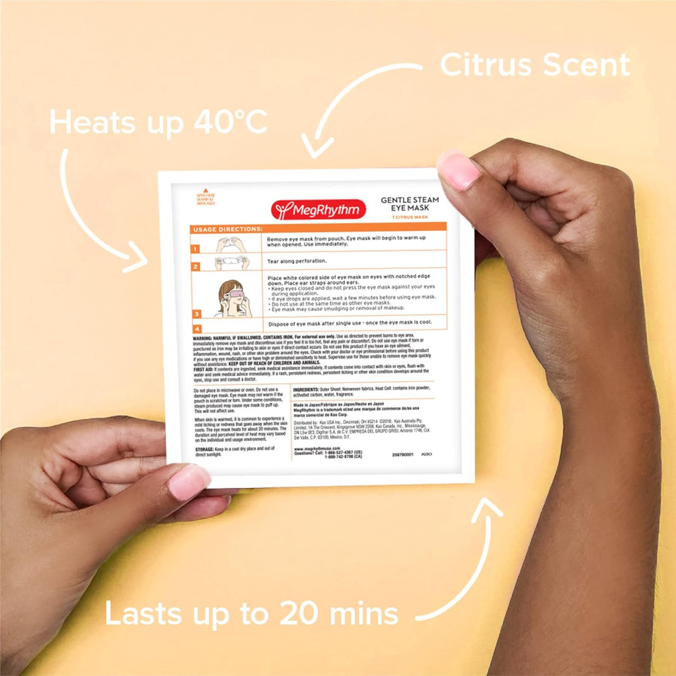 Megrhythm By Kao Gentle Steam Eye Mask, Citrus, Soothing Steam Eye Mask, Rejuvenates Eyes, Reduces Tension, 5 Count, Dermatologist And Ophthalmologist Tested