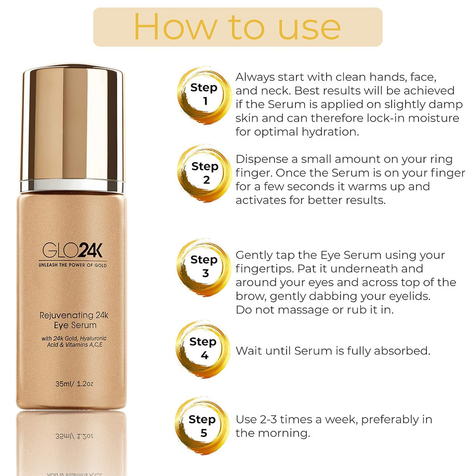 Glo24K Eye Serum With 24K Gold, Hyaluronic Acid, And Vitamins A,C,E. Potent Formula For The Delicate Skin Around The Eyes
