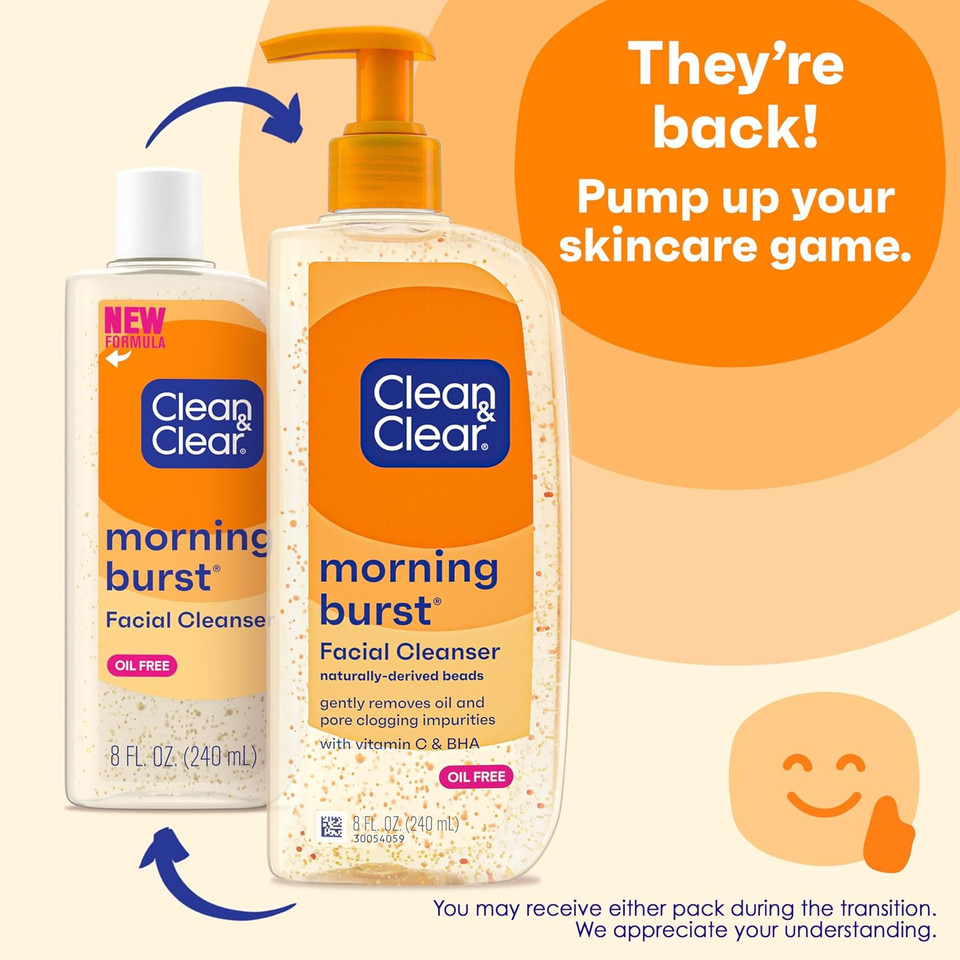 Clean & Clear Morning Burst Oil-Free Facial Cleanser With Vitamin C & Bha, Daily Nourishing Face Wash Gently Cleanses To Remove Oil & Pore Clogging Impurities, 8 Fl. Oz