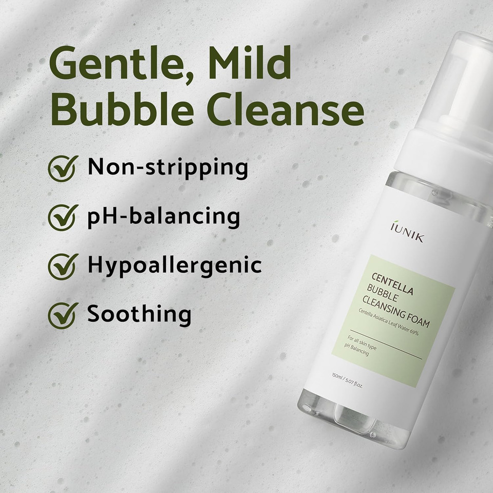 Iunik Centella Bubble Foaming Vegan Facial Cleanser - 69% Centella Asiatica Extract, Soothing, Moisturizing, Exfoliating, Removes Pore Blackheads, Whiteheads, 5.07 Fl Oz