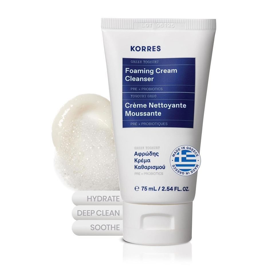 Korres Greek Yoghurt Foaming Cream Cleanser, Hydrating, Deep Cleansing Skin Care, Makeup Remover, Face Wash For Women, Cream To Foam Facial Cleanser For Dry, Oily, Sensitive, Any Skin Type, 2.5 Fl Oz