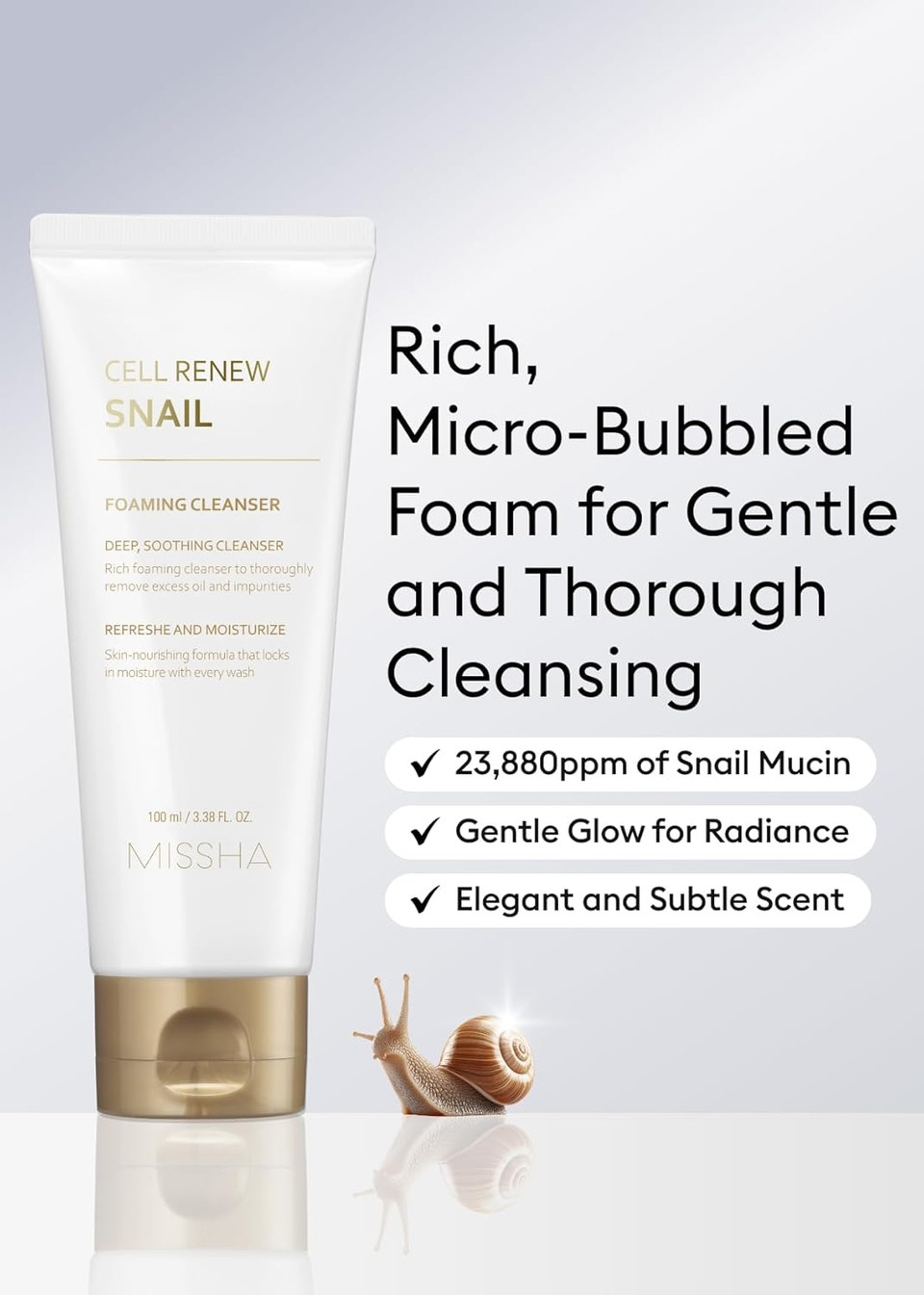 Missha Cell Renew Snail Foaming Cleanser 3.38 Fl Oz - Korean Skin Care Face Wash With Snail Secretion Filtrate, Deep Cleansing, Hydration Boost, Skin Elasticity, Creamy Texture, Moisture Lock