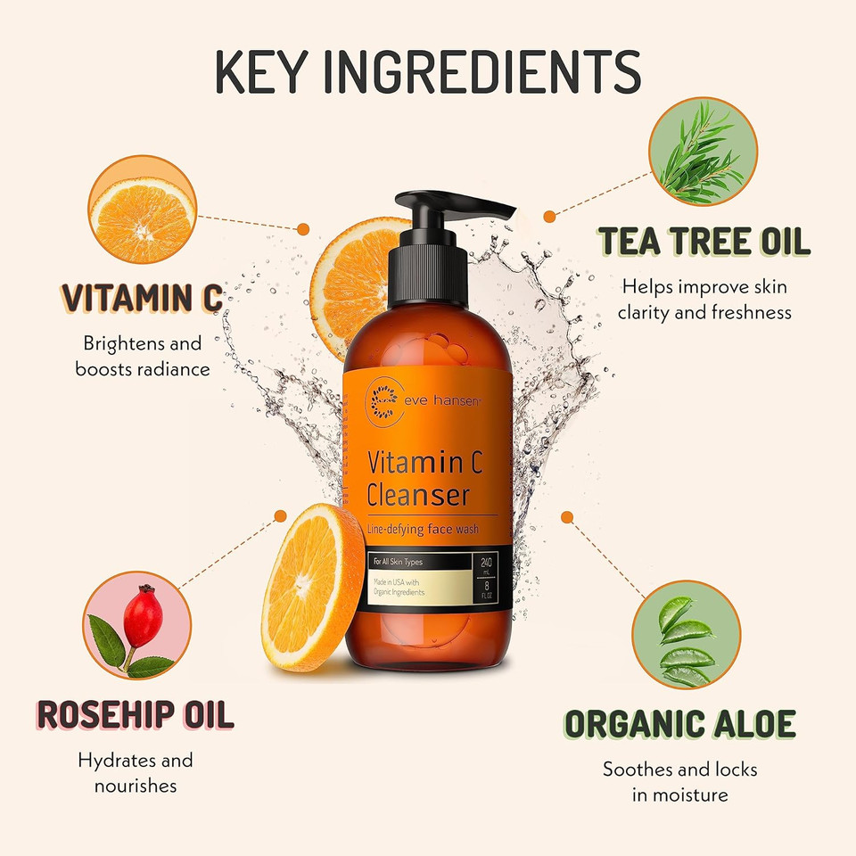 Vitamin C Cleanser Face Wash | Anti Aging Facial Cleanser For Fine Lines, Age Spots, Dark Circles | Cruelty Free Skin Care Cleansing Gel With Aloe Vera, Vitamin E (4 Oz)