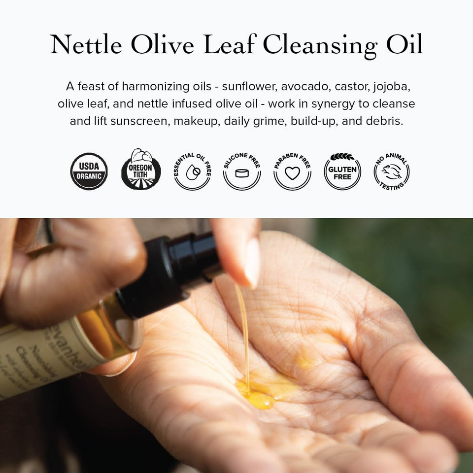 Evanhealy Nettle Olive Leaf Cleansing Oil | Organic Facial Oil-Cleanser For Makeup, Cosmetics, Sunscreen | Gentle Esssential Oilfree Cleanser For Sensitive, Congested Skin
