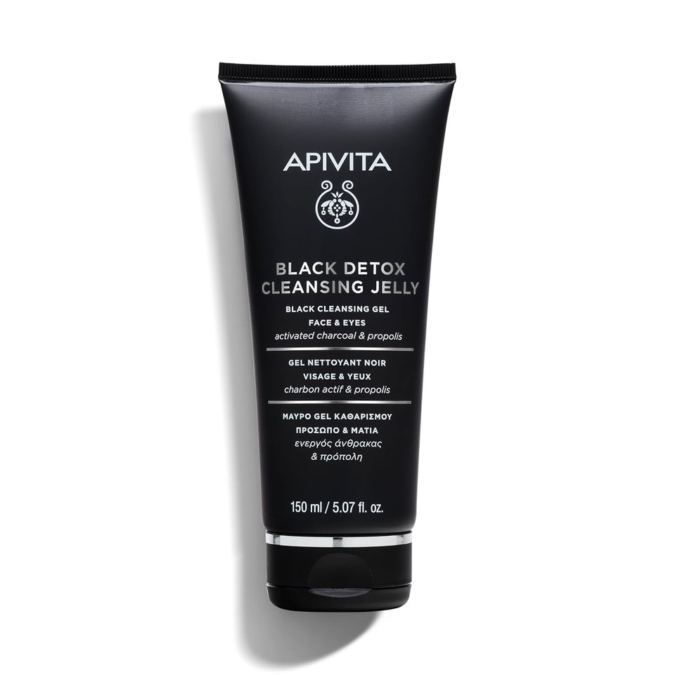 Apivita Black Detox Cleansing Jelly | Detoxifying Face & Eye Cleansing Gel With Activated Charcoal & Propolis, 150 Ml / 5.07 Oz