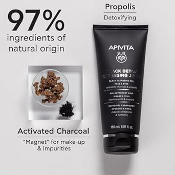 Apivita Black Detox Cleansing Jelly | Detoxifying Face & Eye Cleansing Gel With Activated Charcoal & Propolis, 150 Ml / 5.07 Oz
