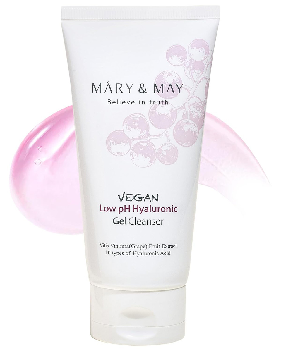 Mary&May Vegan Low Ph Hyaluronic Gel Cleanser - Ph-Balanced Non-Irritating Gel To Foam Hydrating Face Wash For Sensitive Skin - With Hyaluronic Acid, Grape And Cica Extract, 5.07 Fl.Oz