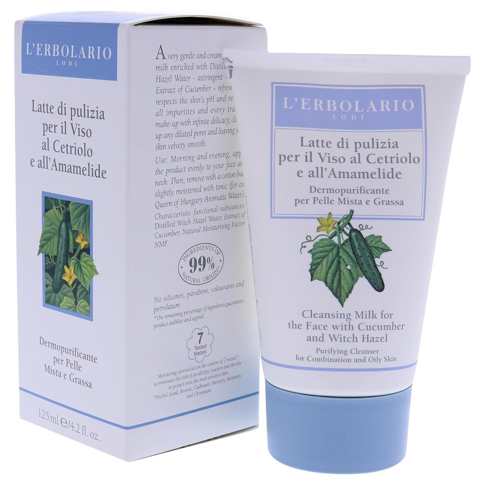 L'Erbolario Cucumber And Witch Hazel Cleansing Milk - Gentle, Creamy - Closes Up Any Dilated Pores - Leaving Your Skin Velvety Smooth - With Cucumber And Witch Hazel - For The Face - 4.2 Oz Cleanser