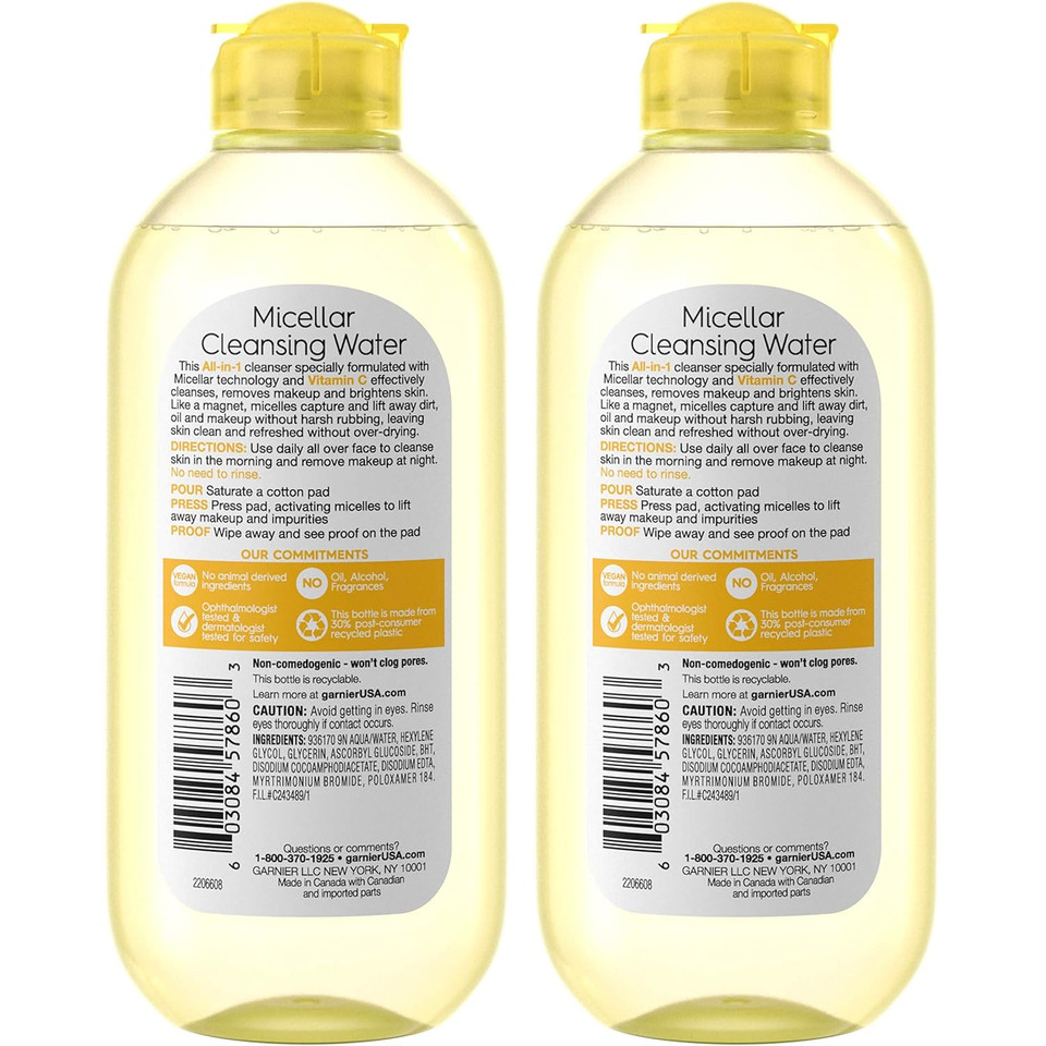 Garnier Micellar Water With Vitamin C, Facial Cleanser & Makeup Remover, Brightening & Hydrating, For All Skin Types, Vegan, Cruelty Free, 13.5 Fl Oz (400Ml), 2 Count