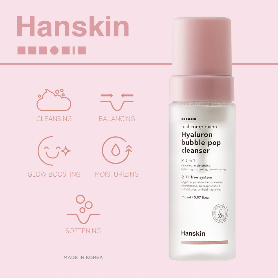 Hanskin Real Complexion Hyaluron Bubble Pop Cleanser, Hydrating Foaming Daily Face Wash, Gentle Moisturizing Softening And Glowing [5.07 Fl. Oz.(150Ml)]