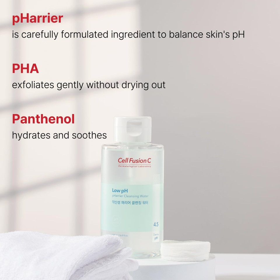Cell Fusion C Low Ph Pharrier Cleansing Water, Ph Balancing Cleansing Water For Sensitive Skin, Gentle Exfoliation With Pha, No Eye Irritation, 16.9 Fl.Oz