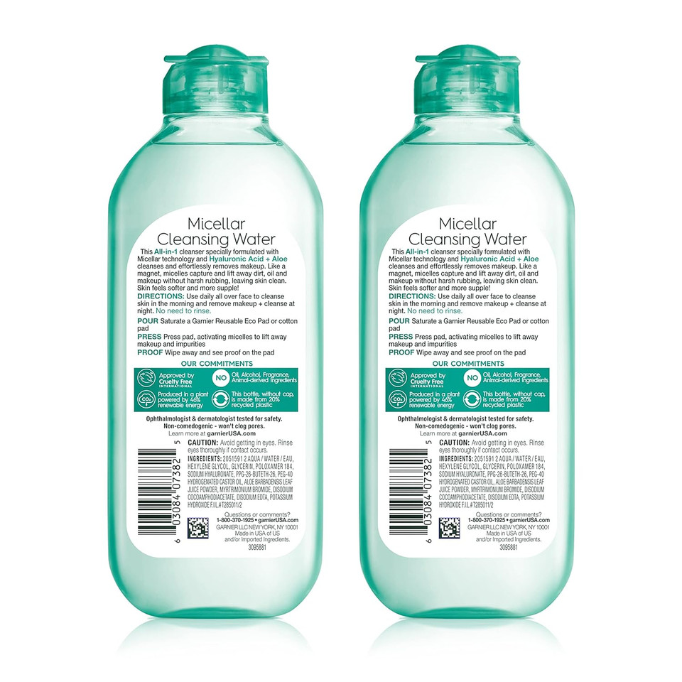 Garnier Micellar Water With Hyaluronic Acid, Facial Cleanser & Makeup Remover, Hydrating And Plumping, For All Skin Types, Vegan, Cruelty Free, 13.5 Fl Oz (400Ml), 2 Count