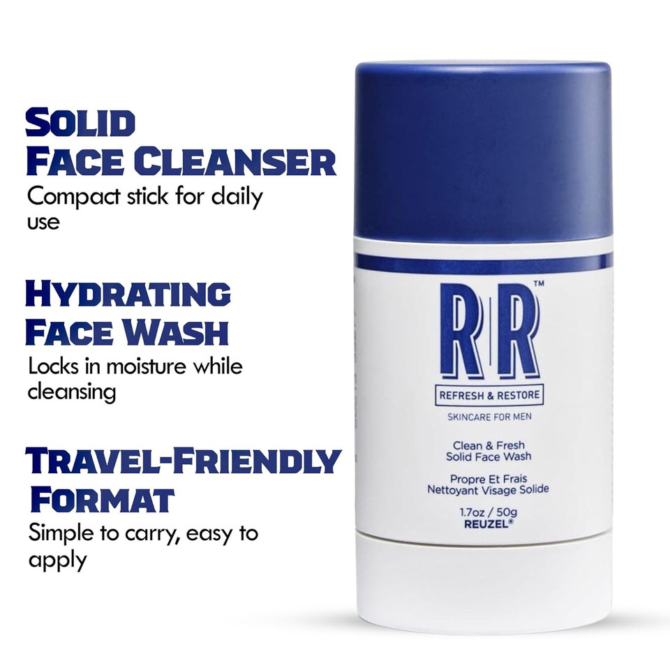 Reuzel Clean And Fresh Solid Face Wash Stick, Locks In Hydration, Cleansing, Moisturizing, Vegan Formula, Sulfate And Paraben Free, Light Maculine Scent, 1.7 Oz