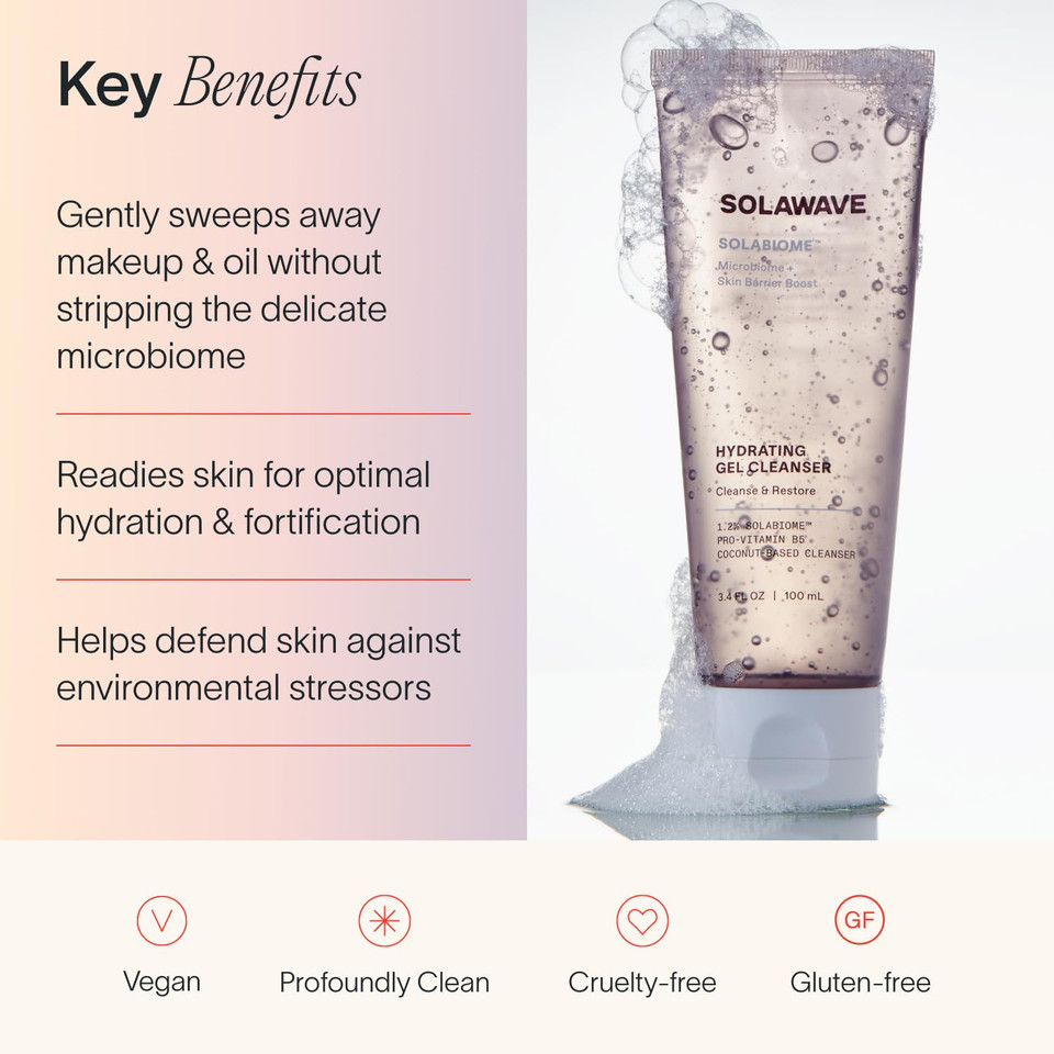 Solawave Probiotic Gel Facial Cleanser With Prebiotics And Pro Vitamin B5, Hydrating And Soothing Formula To Remove Makeup And Reduce Blemishes - Non-Comedogenic For All Skin Types (3.4 Fl Oz)