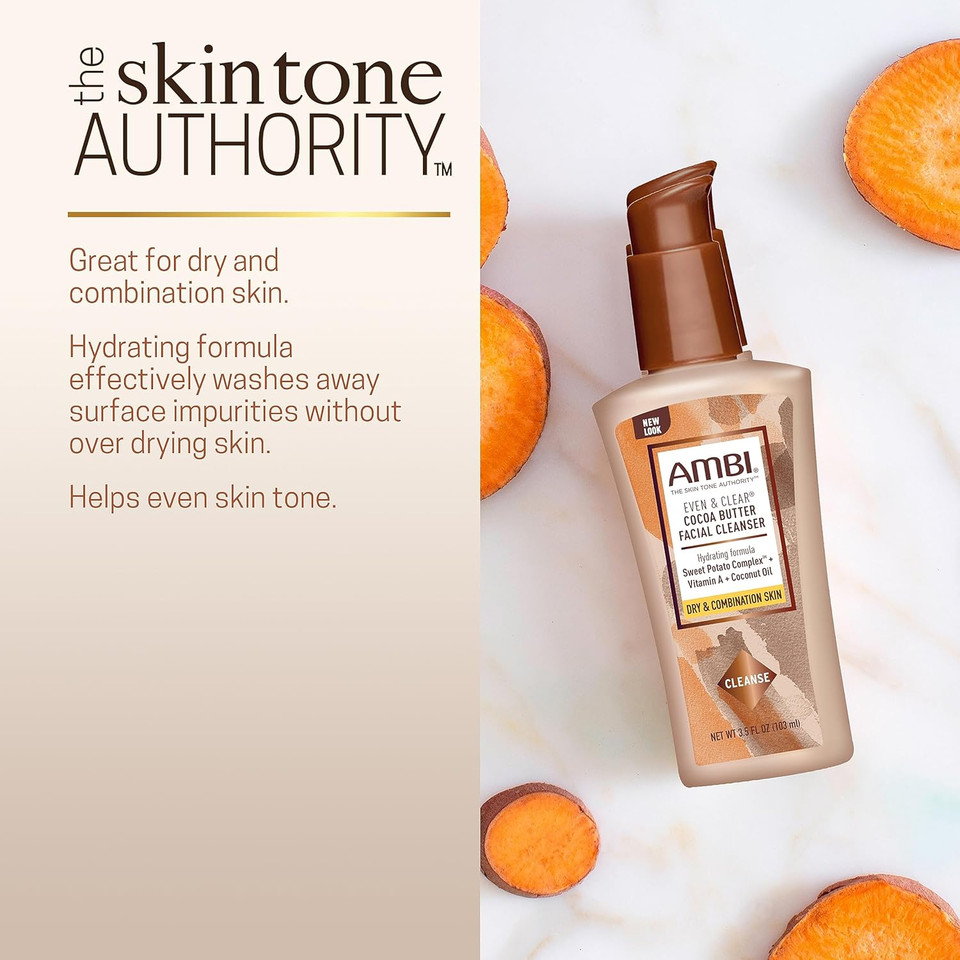 Ambi Even & Clear Complexion Facial Cleanser, For Men & Women, All Skin Types, Sweet Potato, Chamomile, Green Tea, Hydroquinone-Free, Soap-Free, Alcohol-Free, Fragrance-Free, Dye-Free, 3.5 Fl Oz