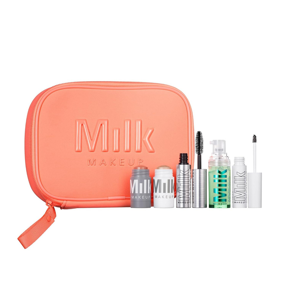 Milk Makeup The Overachievers Summer Faves Set - Includes Kush Mascara, Hydro Grip Primer, Kush Clear Brow Gel, Lip + Cheek, Highlighter & Makeup Bag - Vegan, Cruelty Free