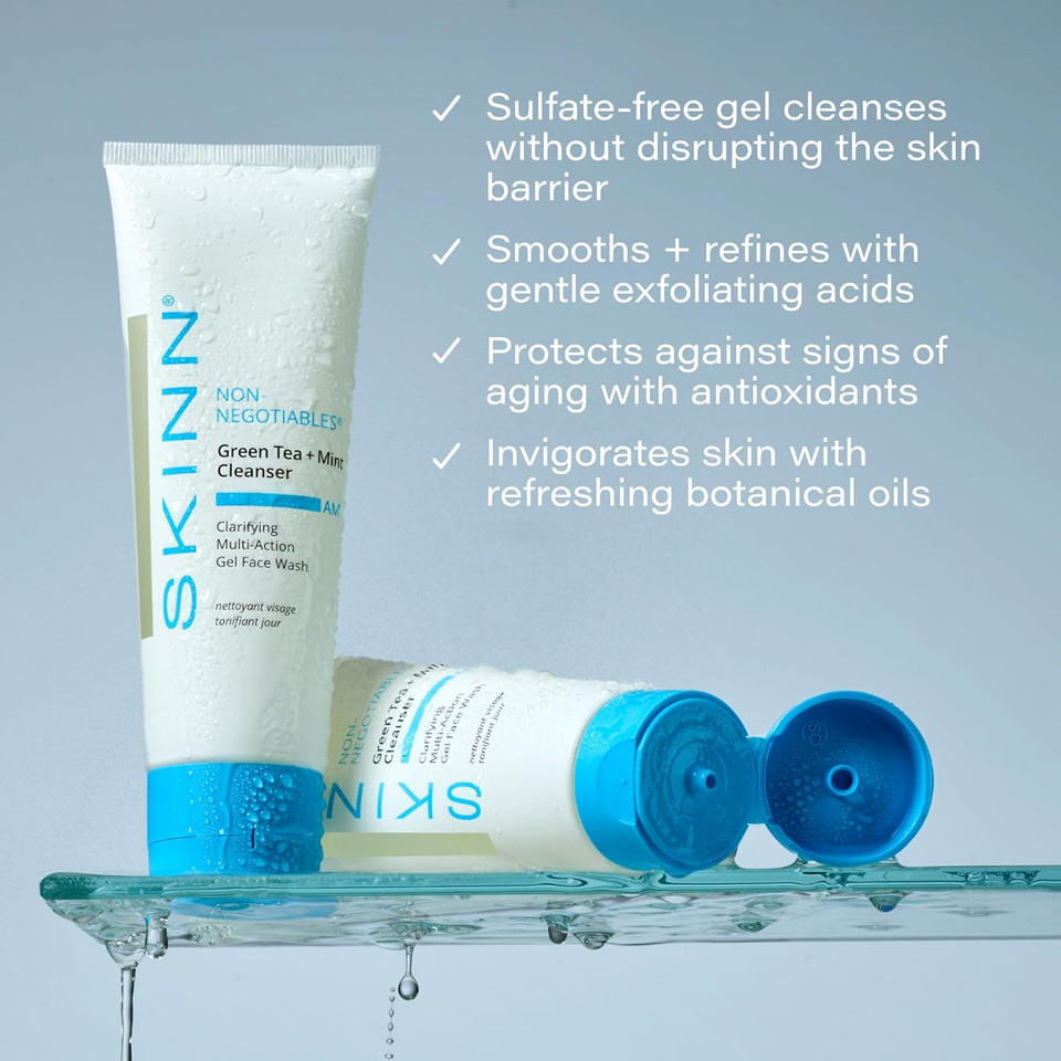 Skinn Daily Morning Face Wash, Green Tea + Mint Cleanser, 4Oz - Gentle Exfoliating Facial Cleanser For All Skin Types - Formulated With Antioxidant & Botanical Oils & Salicylic Acid