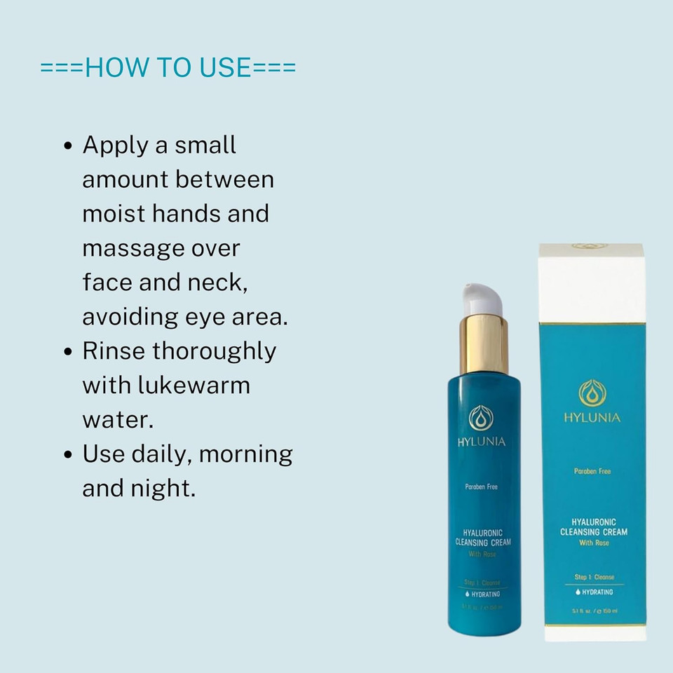 Hylunia Hyaluronic Cleansing Cream  Hydrating & Soothing Facial Cleanser With Hyaluronic Acid, Rose & Olive Oil Squalene  Gentle, Non-Drying, Vegan & Ayurvedic Skincare  5.1 Fl Oz