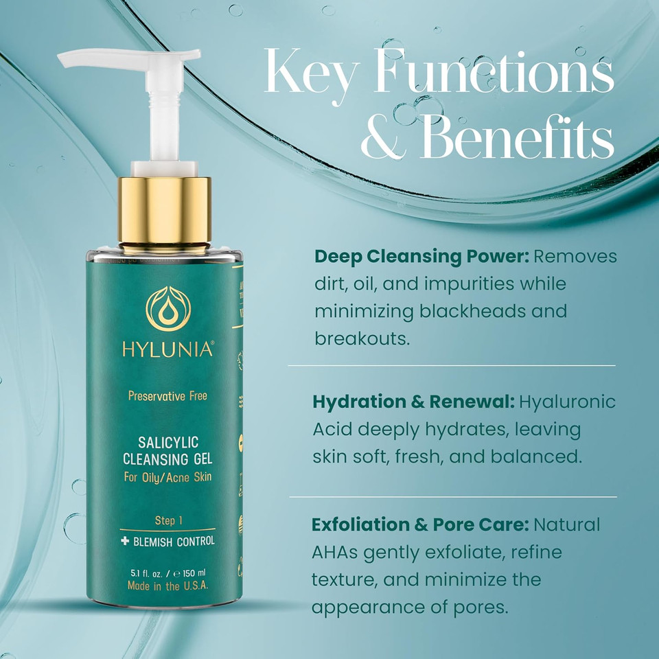 Hylunia Skincare Salicylic Facial Cleansing Gel  Deep Pore Cleanser For Oily & Acne-Prone Skin, Exfoliates, Minimizes Blackheads & Breakouts, Hydrates, Brightens Complexion, 5.1 Fl. Oz