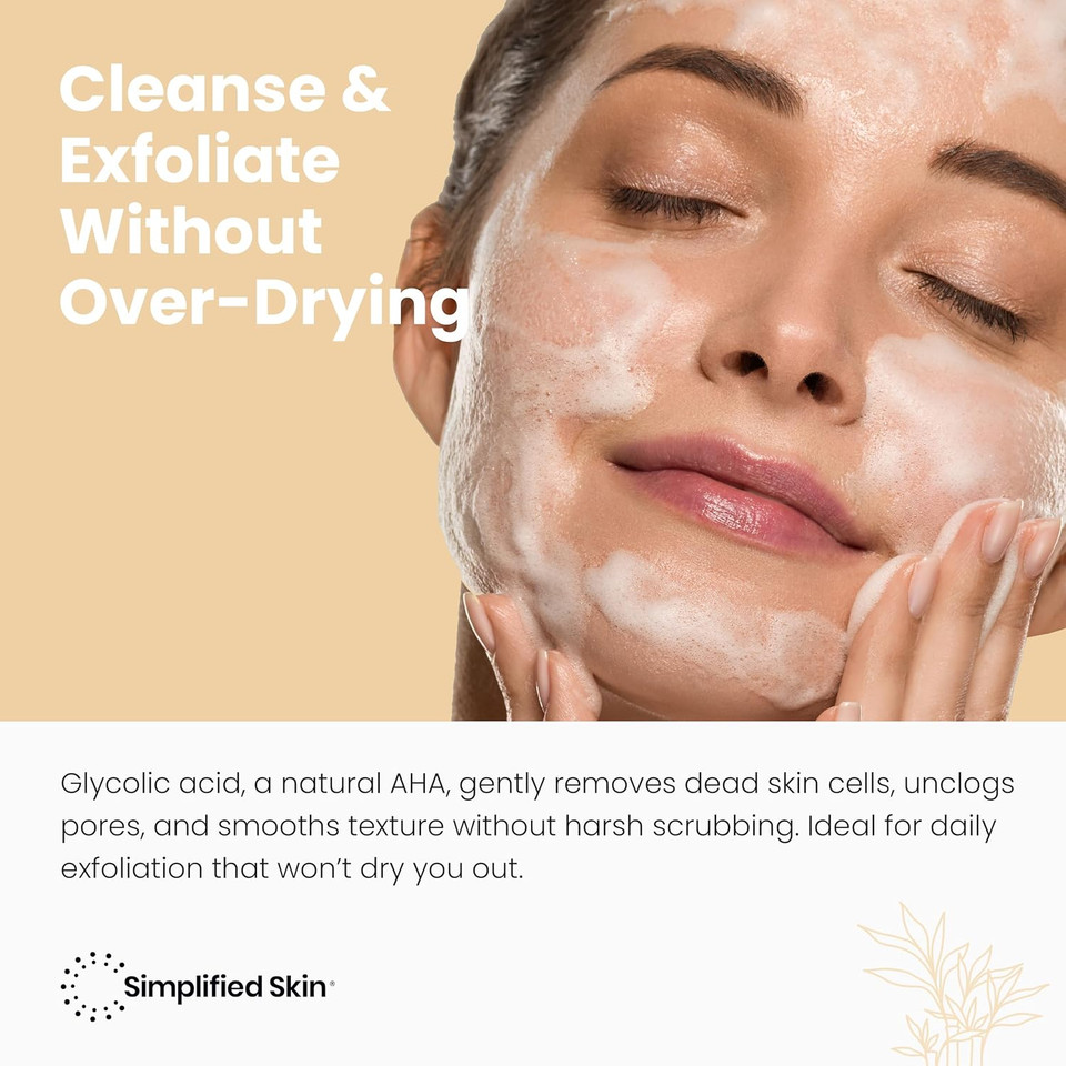 Simplified Skin Glycolic Acid Face Wash - Exfoliating Facewash - With Aloe Vera, Sunflower Seed Oil, Ginger, & Apricot - Cleanse & Nourish With Glycolic Acid Cleanser - 6 Fl Oz