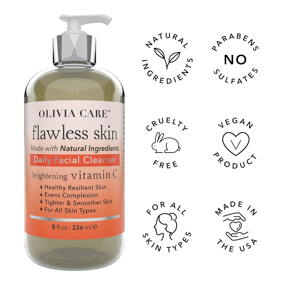 Olivia Care Vitamin C Daily Brightening Facial Cleanser - All Natural Moisturize, Hydrate, Cleanse - Brighten Age Spot, Tighter & Soothe Skin - Antioxidants - All Skin Type - 8 Fl Oz