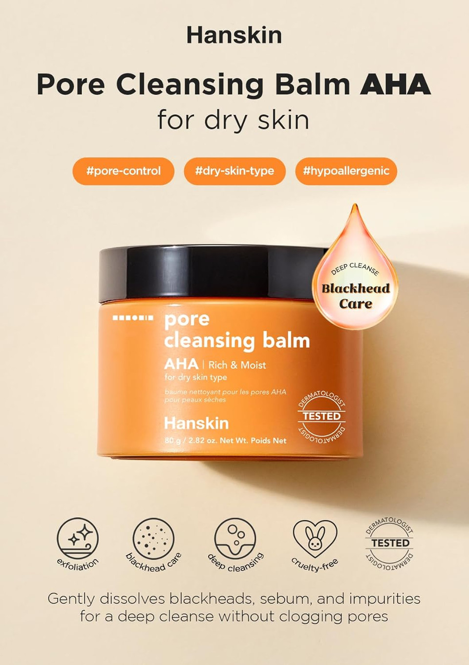 Hanskin Aha Pore Cleansing Balm, For Dry Skin, Exfoliating, Gentle Blackhead Cleanser And Makeup Remover Balm [Aha/2.82 Oz]