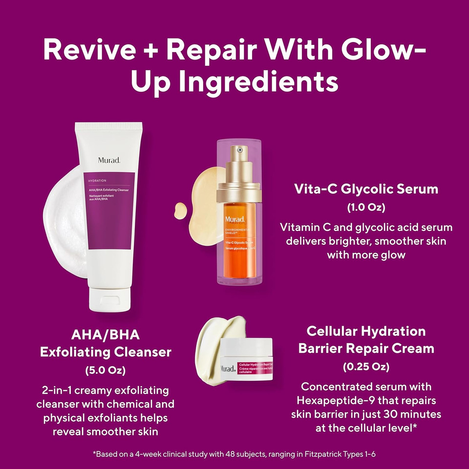 Murad Revive + Repair W/Glow Up Ingredients - 3-Piece Set ($135 Value) - Regimen For Total Skin Health - Aha/Bha Cleanser 5.0Fl Oz, Glycolic Serum 1.0Fl Oz, Cellular Hydration Cream 0.25Fl Oz